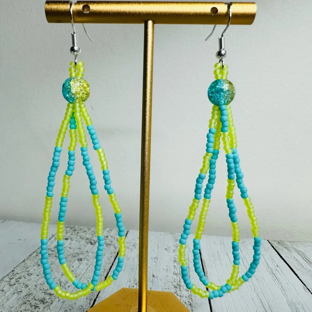 Seed Beaded Tear Drop Earrings Handmade 3.5” Turquoise Chartreuse Crackle